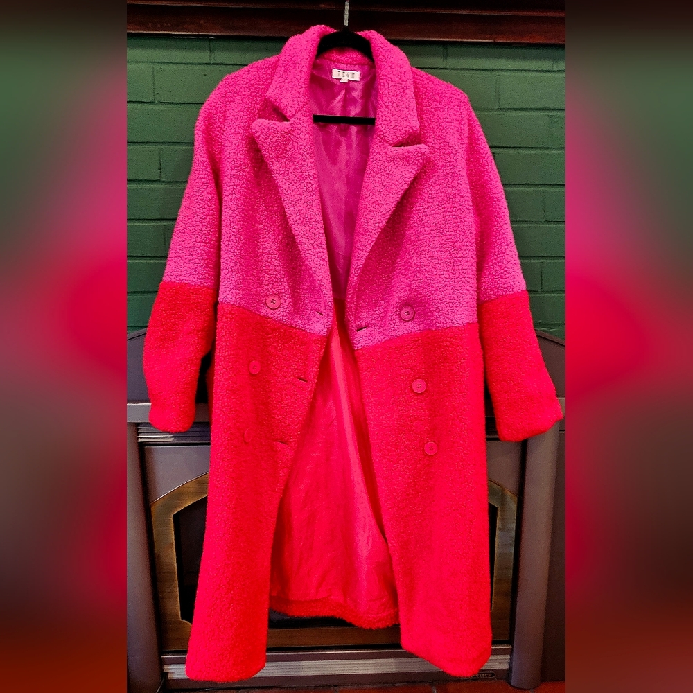 Two-Tone Hot Pink & Red Teddy Coat - Women’s Statement Coat